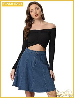 High Waist Stretch A-Line Denim Skirt Flared Pleated Jean Skirt